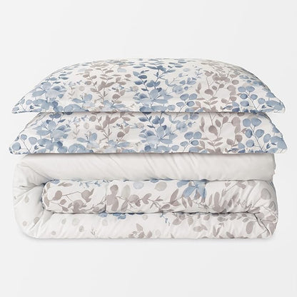 Chanasya Premium King Size Watercolor Leaf Vines Comforter Set – Soft Blue Gray Botanical Microfiber Bedding – 3 Piece Set with 1 Comforter and 2 Pillow Shams - King