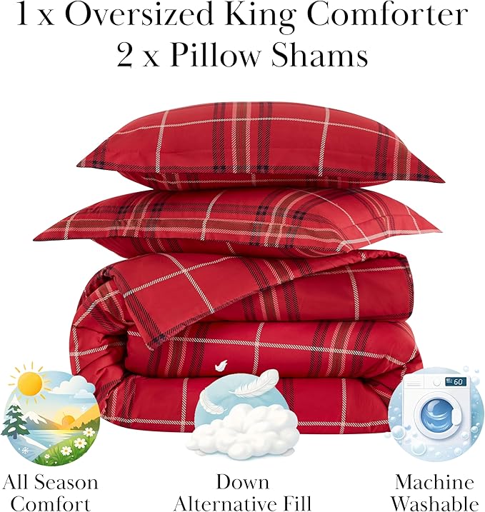 Southshore Fine Living, Inc. Vilano Plaid Collection - Red King Size Comforter Set, Premium Bedding, All-Season Down Alternative, Soft Coverlet, Oversized 3-Piece California King Comforter Set, Red