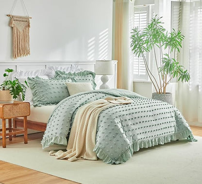 Tufted Dots Ruffle Comforter Set Full/Queen Size, 3 Pieces Sage Green Vintage Farmhouse Shabby Chic Comforters, Jacquard Boho Bohemian Bedding Set for All Season (1 Ruffled Comforter+ 2 Pillow Shams)