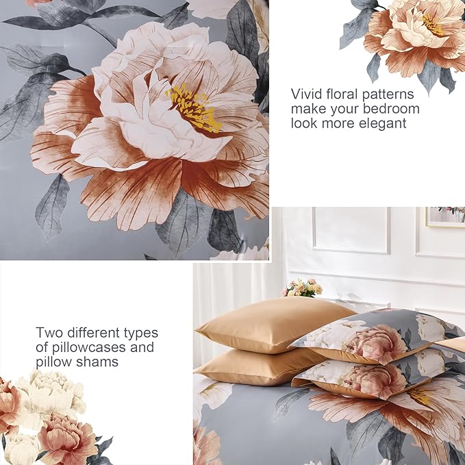 Dobuyly Floral Comforter Set King Size, Brown Flower Printed on Grey Comforter Set with Sheets, 7 Piece Botanical Bed in a Bag, Soft Microfiber Farmhouse Bedding Set for All Season