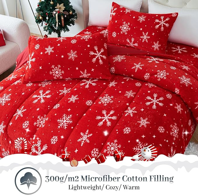 YIYEA Christmas Faux Fur Comforter Set Queen Size with Fitted Sheet, Luxury Ultra Soft Fuzzy Comforter, Fluffy Plush Velvet Bedding Comforter Sets for Fall Winter, Cozy Warmth, No Shedding, 4PC