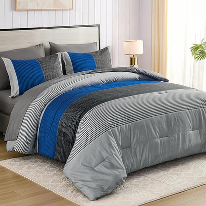 Anibedding King Size Blue Comforter Set 7 Pieces, Blue and Gray Patchwork Striped Bed in a Bag with Sheet Pillowcase for King Bed All Season