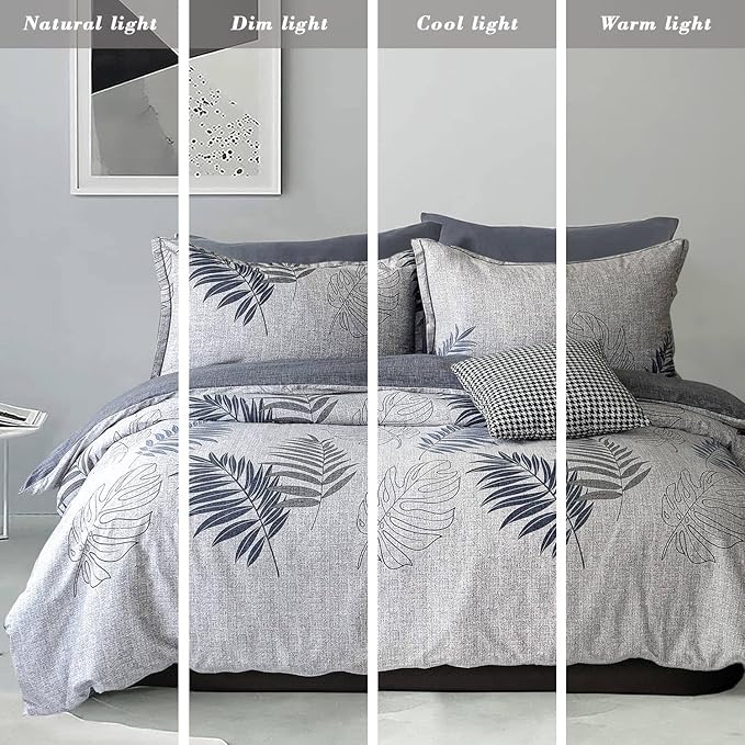 ALESSEL Natural Cotton 3pcs Botanical Comforter Set - Queen Size, Dark Gray Comforter with Blue & Gray Leaves, Reversible Lightweight Floral Bedding Sets