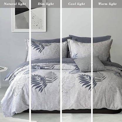 ALESSEL Natural Cotton 3pcs Botanical Comforter Set - Queen Size, Dark Gray Comforter with Blue & Gray Leaves, Reversible Lightweight Floral Bedding Sets