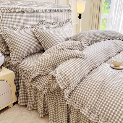 mixinni Vintage Ruffle Tan Gingham Comforter Set 3-Piece Washed Cotton King Beige Grid Bedding Set with Taupe Geometric Checkered Pattern, Farmhouse Chic Soft Fluffy Comforter for All-Season