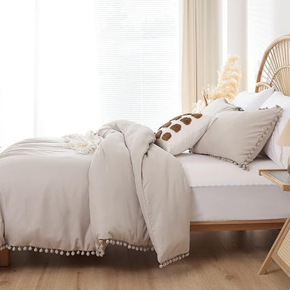 YIRDDEO King Size Comforter Set - King Size Comforter with Ball Pom Fringe, Soft King Bedding Set for All Seasons - 3 Pieces, 1 Comforter (104"x90"inches) & 2 Pillow Shams(20"x36"), Oatmeal