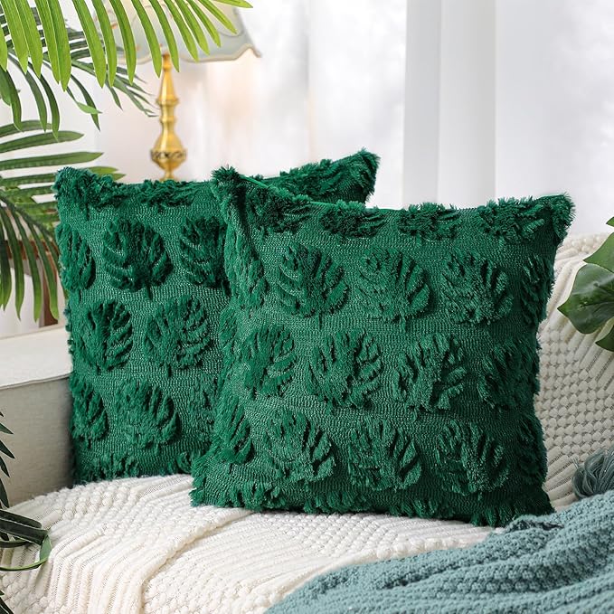 2 Pcs Tropical Palm Monstera Leaves Throw Pillow Covers 18 x 18 Inches Green Farmhouse Decorative Pillow Covers Soft Plush Faux Fur Wool Pillowcase for Bed Sofa Living Room