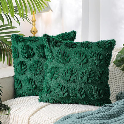 2 Pcs Tropical Palm Monstera Leaves Throw Pillow Covers 18 x 18 Inches Green Farmhouse Decorative Pillow Covers Soft Plush Faux Fur Wool Pillowcase for Bed Sofa Living Room