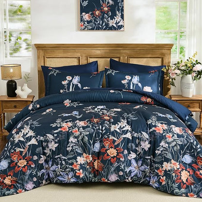 WONGS BEDDING King Comforter Set 7 Piece, Navy Blue Floral Bed in a Bag Bedding Set with Botanical Flowers Patterns, Soft Lightweight Complete Comforters with Sheets for All Season