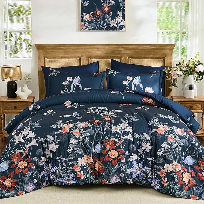 WONGS BEDDING Queen Comforter Set 7 Piece, Navy Blue Floral Bed in a Bag Bedding Set with Botanical Flowers Patterns, Soft Lightweight Complete Comforters with Sheets for All Season