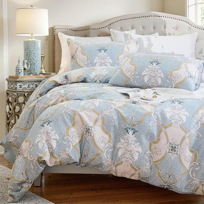 100% Natural Cotton Comforter Set Queen 3 Pcs Grayish Blue Bedding Sets with Luxurious Damask Pattern, Reversible Breathable Soft Comforter Sets for All Season