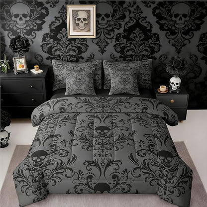 Erosebridal Gothic Damask 7 Piece Comforter Set Full Bed in a Bag,Sugar Skull Bedding Sets Black Grey Victorian Floral Goth Sheet Set with Comforter