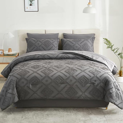 EMME King Comforter Set - 7 Pcs Dark Grey Boho Bedding Sets, King Size Tufted Comforter with Sheets, Shabby Chic Embroidery Bed Set Fluffy Bed Bag for All Season(102"X90")