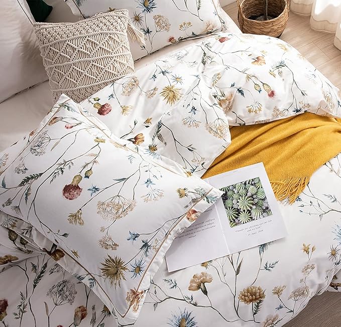 SLEEPBELLA Comforter King Size, 600 Thread Count Cotton White Printed with Blue & Blush Flowers Cotton Comforter Set,Down Alternative Bedding Set 3Pcs(King, White Floral)