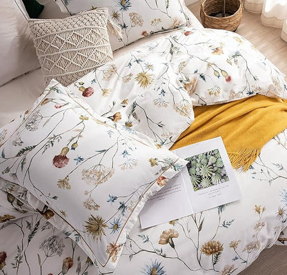 SLEEPBELLA Comforter King Size, 600 Thread Count Cotton White Printed with Blue & Blush Flowers Cotton Comforter Set,Down Alternative Bedding Set 3Pcs(King, White Floral)