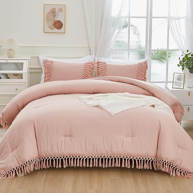 Andency Pink Comforter Set King, 3 Pieces Boho Tassel Lightweight Soft Bedding Comforter Sets for King Bed, All Season Fluffy Fringe Bed Set (104x90In Comforter & 2 Pillowcases)