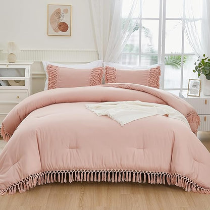 Andency Pink Comforter Set King, 3 Pieces Boho Tassel Lightweight Soft Bedding Comforter Sets for King Bed, All Season Fluffy Fringe Bed Set (104x90In Comforter & 2 Pillowcases)