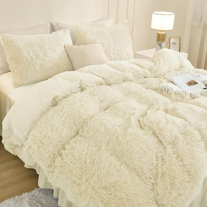Andency Faux Fur Beige Comforter Set Queen Size, 3 Pieces Fluffy Fuzzy Plush Bedding Comforter Set (1 Shaggy Velvet Comforter & 2 Pillowcases), Soft Puffy Comfy Down Alternative Comforter Bedding Set