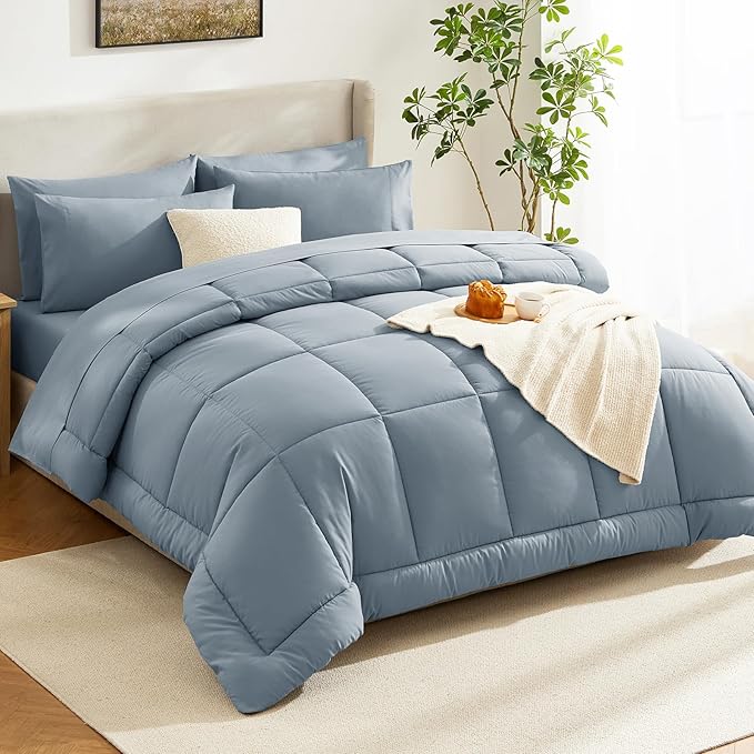 CozyLux Oversized Queen Comforter Sets Dusty Blue, 7 Pieces Bed in a Bag, Ultra-Soft All Season Bedding Sets with Stitch Quilted Comforter, Flat Sheet, Fitted Sheet, Pillowcases, Grayish Blue