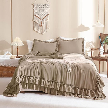 QSH 3PCs Light Taupe Ruffled Comforter Set Queen Size,Shabby Boho Chic Bedding Comforter Sets Queen, Ultra Soft Farmhouse Lightweight Microfiber Inner Fill Bed Comforter Set