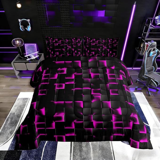 Erosebridal Neon Black Purple Comforter Set Twin Violet Geometric Checkered Bedding Set for Kids Teen Adults Gaming Room Decor,Abstract Ombre Plaid Comforter Grids Quilt Duvet