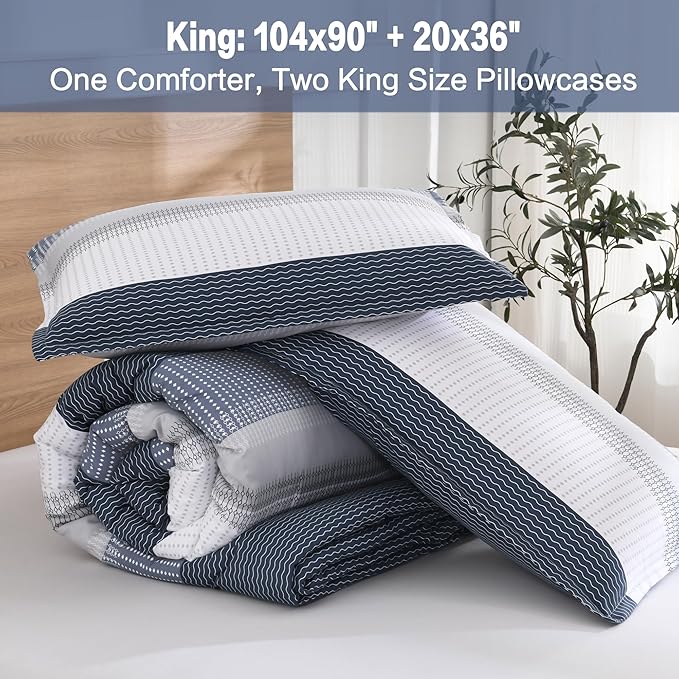 Litanika King Comforter Set Black Blue - 3 Pieces Lightweight Fluffy Bedding Comforter Sets, All Season Down Alternative Comforter (1 Comforter, 2 Pillowcases)