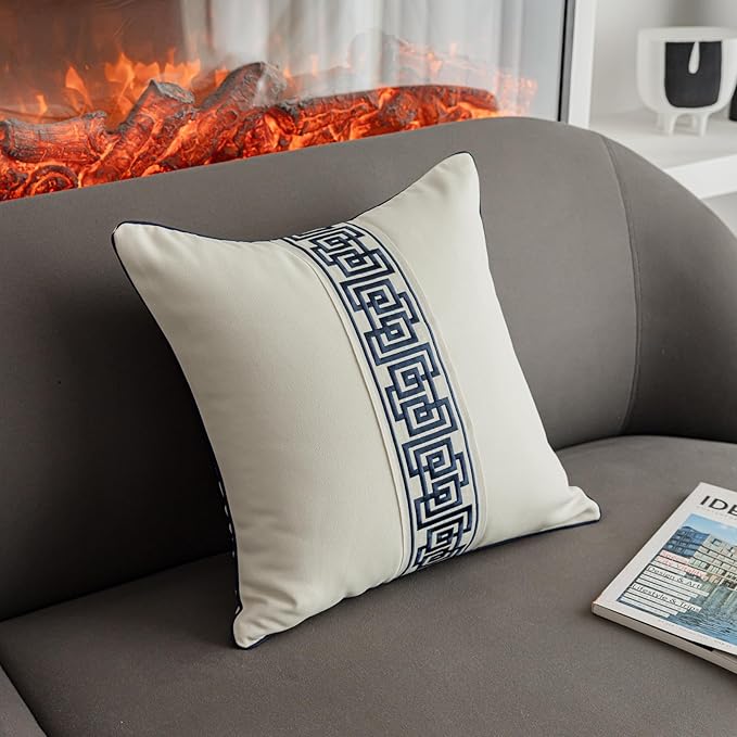 Throw Pillow Covers with Insert Included, with Embroidered Detail, 18 x 18 inches, Decorative Throw Pillow for Sofa Couch Bed (Cream (Navy Trim), 18" L x 18" W)