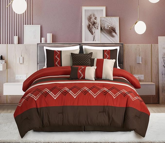 Chezmoi Collection Arden 7-Piece Modern Pleated Stripe Embroidered Zigzag Bedding Comforter Set (California King, Spice/Brown/Coffee Cream)