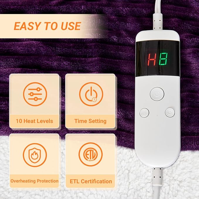 Heated Blanket Electric Queen, Soft Flannel Heating Blanket with 8 Hours Auto Off 10 Fast Heating Levels Machine Washable Sherpa Heated Blanket with Overheating Protection