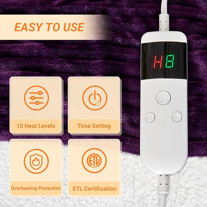 Heated Blanket Electric Queen, Soft Flannel Heating Blanket with 8 Hours Auto Off 10 Fast Heating Levels Machine Washable Sherpa Heated Blanket with Overheating Protection