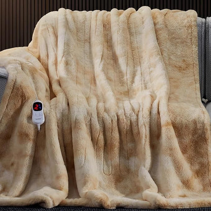 Guohaoi Heated Blanket Electric Throw, Soft Faux Rabbit Fur Electric Blanket with 10 Heating Levels 5 Sitting Timer Auto Off, Cozy Warm Heating Blankets, Machine Washable(72"×84" Beige)
