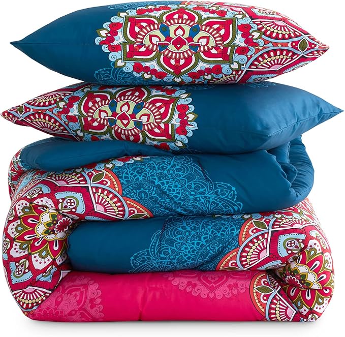 Wake In Cloud - Bohemian Comforter Set, Boho Chic Ornate Floral Elements Pattern Printed for Men Women, Soft Lightweight Bedding, 3 Pieces, Fuchsia Blue, Queen Size