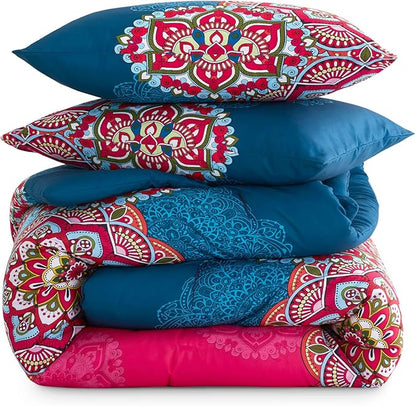 Wake In Cloud - Bohemian Comforter Set, Boho Chic Ornate Floral Elements Pattern Printed for Men Women, Soft Lightweight Bedding, 3 Pieces, Fuchsia Blue, King Size