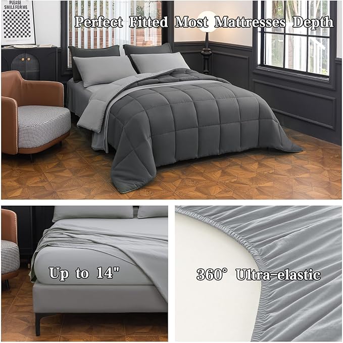 King Size Comforter Set - 8-Piece Gray Bedding with Breathable Reversible Down Lightweight Comforter, Bed Skirt, Flat Sheets, Pillowcases & Pillow Shams