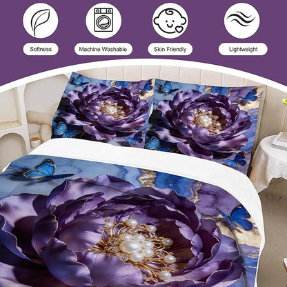 Floral Butterfly Bedding Set King Size 3PCs Gold Purple Blue Marble Flower Bedding Set for Kids Girls Women Marbled Purple Blue Gold Bed Set Soft Marbling Art Quilt Set with 2 Pillowcases
