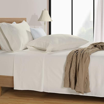 LANE LINEN 100% Cotton 600 Thread Count Soft Twin Bedding Sheets & Pillowcases Set- Sateen Weave Fully Elasticized 15 inch Deep Pocket Twin Sheets, Hotely Like Think Natural Cooling Bedding - Ivory