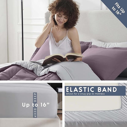 Nestl 7 Piece Queen Comforter Set – Dusty Purple Reversible Bed in a Bag – Complete Queen Size Bedding Set with Sheets, Pillowcases and Shams