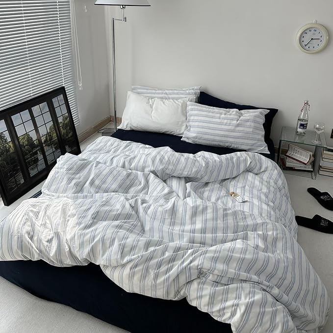 VM VOUGEMARKET Demin Blue Striped Comforter Set Full Ticking Stripe Neutral Farmhouse Bedding Set with 2 Pillowcases Lightweight Luxury Comforter for Boys Men