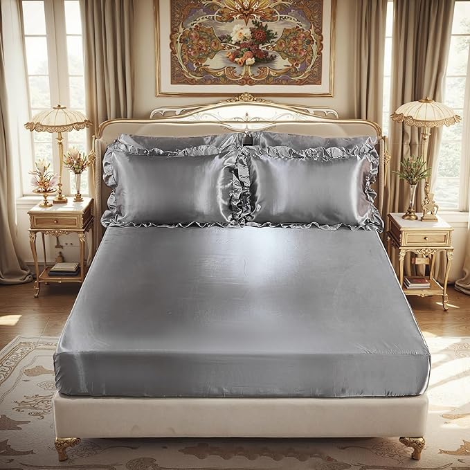 Satin Comforter Set with Sheet Set King 8 Pieces Silk Like Grey Bedding Silky Ruffle Pattern Luxury Silky Comforter Set with 1 Cushion Cover