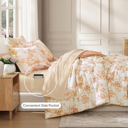 Queen Comforter Set -7 Pieces Autumn Leaf Floral Comforter Set for All Seasons, Bed in a Bag Queen with Botanical Flowers Comforter, Sheets, Pillowcases & Shams