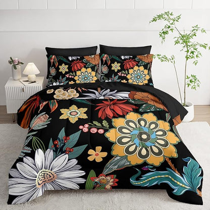 7 Pieces Colorful Floral Comforter Set,Bohemian Botanical Bedding Set Full Size,Boho Farmhouse Flower Leaves Printed on Black Design,All Season Lightweight Soft Microfiber Bedding Set