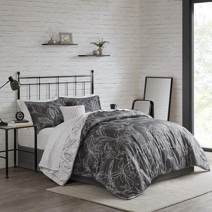 Madison Park Essentials Cozy Bed In A Bag Comforter with Complete Cotton Sheet Set - Trendy Floral Design All Season Cover, Decorative Pillow, Full(78"x86"), White/Charcoal 9 Piece