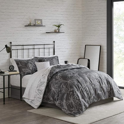 Madison Park Essentials Cozy Bed In A Bag Comforter with Complete Cotton Sheet Set - Trendy Floral Design All Season Cover, Decorative Pillow, Full(78"x86"), White/Charcoal 9 Piece