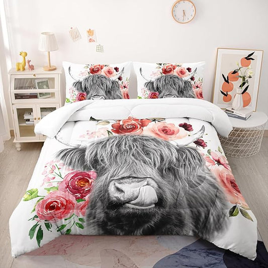 Highland Cow Comforter Set - Twin Size, Kids' Wildlife Farmhouse Flower Comforter with 2 Pillowcases