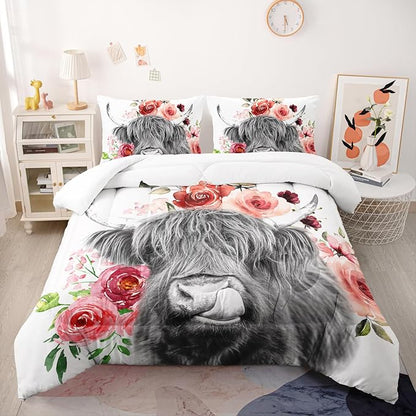 Highland Cow Comforter Sets Full Size，Bedding Sets for Kids,Wildlife Farmhouse Flower Cow Comforter Sets All Season 1 Comforter and 2 Pillowcases