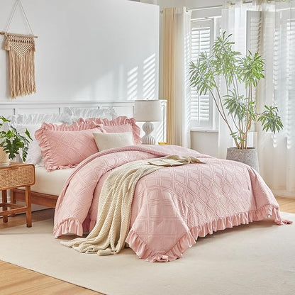 Tufted Grids Ruffle Comforter Set Full/Queen Size, 3 Pieces Blush Pink Vintage Farmhouse Shabby Chic Comforters, Jacquard Boho Bohemian Bedding Set for All Season (1 Ruffled Comforter+ 2 Pillow Shams)
