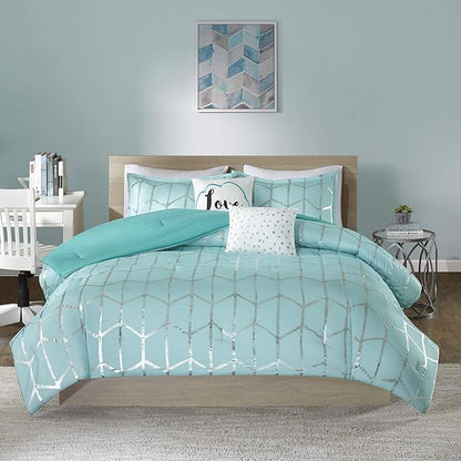 Intelligent Design Raina King / Cal King Comforter Set, Soft Microfiber Comforter Set King, Modern Geometric Metallic Bed Set, 5 Pieces College Bedding Comforter Set with 2 Shams, 2 Toss Pillows Aqua
