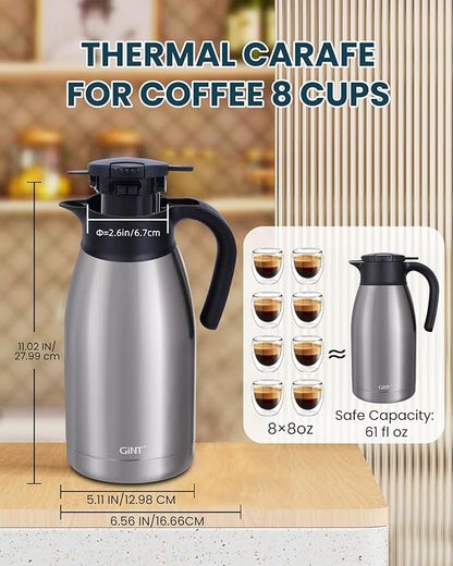 GiNT 64Oz Thermal Coffee Carafe, Insulated Stainless Steel Coffee Carafes for Keeping Hot/Double Walled Vacuum Thermal Carafe (Silver, 1.9L)