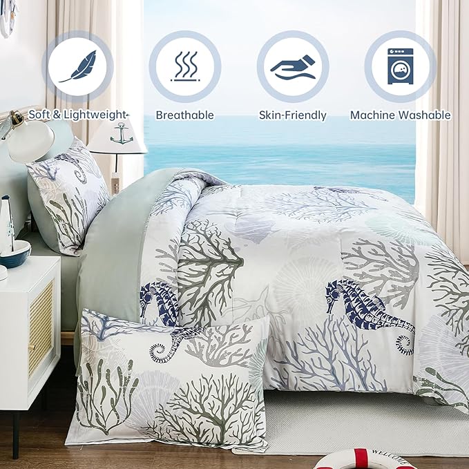 WONGS BEDDING Comforter Set King，Coastal Beach Theme Bedding Set, 7 Pieces Ocean Nautical Seaweed & Starfish Summer Bed in a Bag (104"×90")