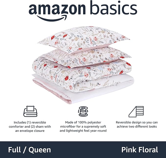 Amazon Basics Full/Queen Size Ultra-Soft Lightweight Microfiber Reversible 3-Piece Bedding Comforter Set, Pink Floral, Washable